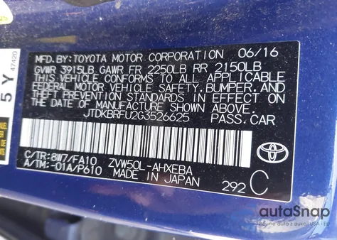2016 Toyota Prius Two из США, поврежденный, VIN JTDKBRFU2G3526625